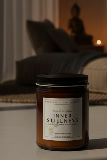 Woman meditating with a candle labeled 'Inner Stillness' on a table with decorative items.